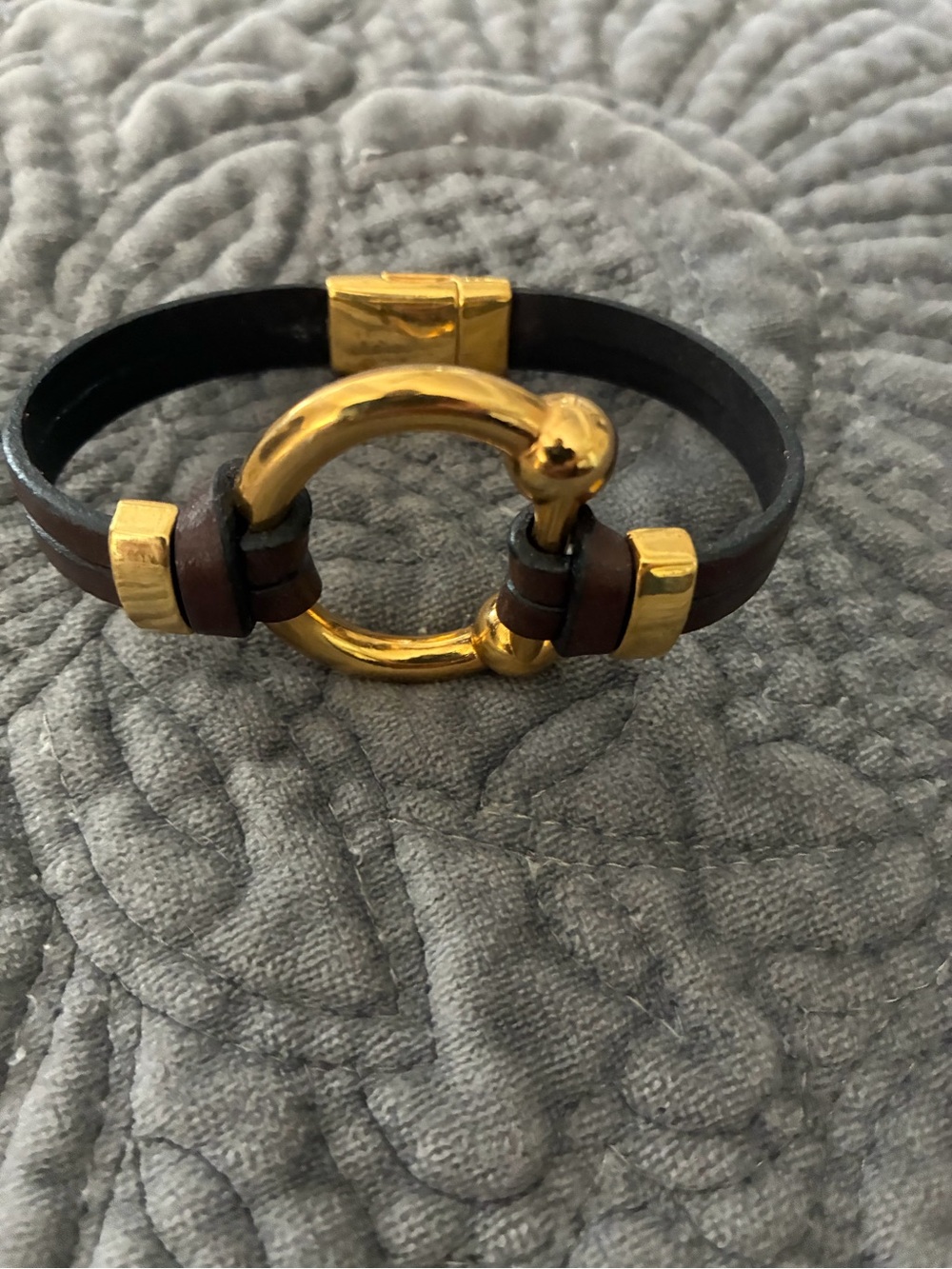 Classic Equestrian Brown Leather Bracelet with Gold Tone Bit  Accent